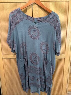 Kathmandu Imports Boho Om Print Tunic Top Blue & Red